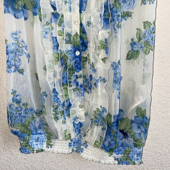 Abercrombie & Fitch Sheer Fairy Blue Flower Floral Ruffles whimsical S 90s top - Picture 6 of 8